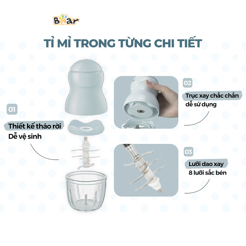 Máy xay ăn dặm Bear 0.3L GR-B03V8 được thiết kế tỉ mỉ từng chi tiết